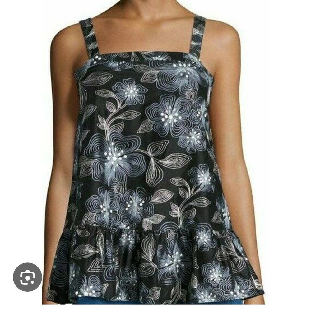 CO Collection Embroidered Floral Peplum Evening Top Black Blue Sleeveless